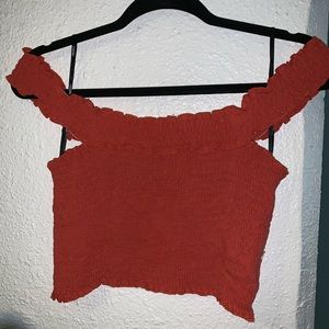 BURNT ORANGE OFF THE SHOULDER CROP TOP